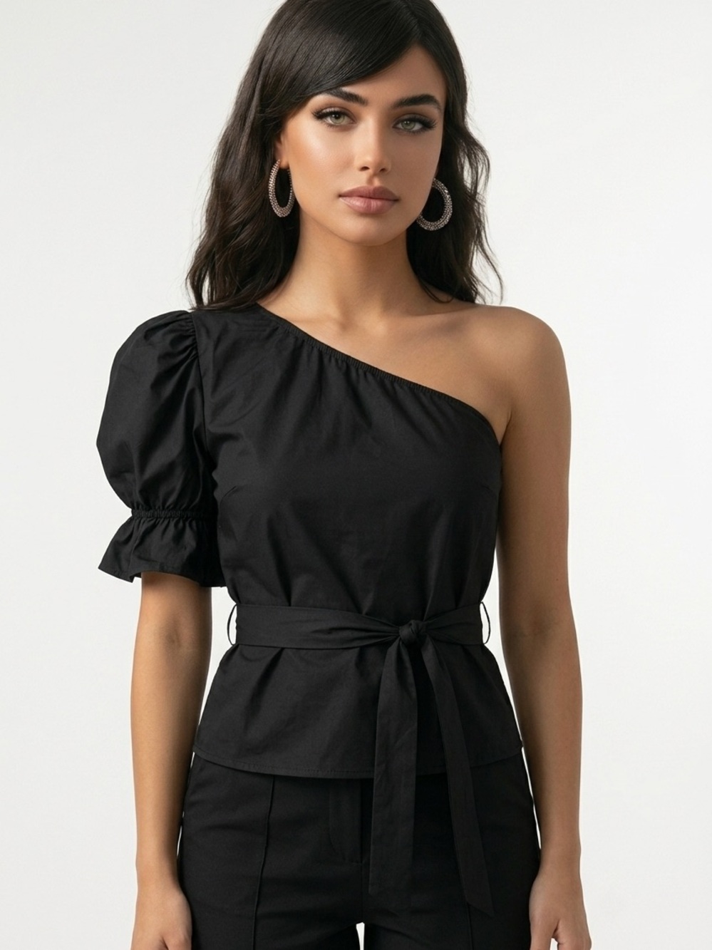 UNBRANDED | Black Asymmetrical One Shoulder Tie Waist Top Women’s Size Medium